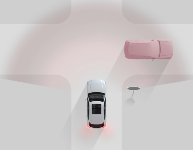Aerial view of three cars on a winding road, demonstrating active safety and distance sensors.