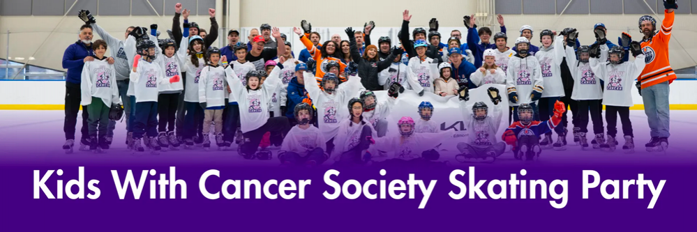 Gemini a dit A group of children in "Shut Out Cancer" jerseys and adults in Edmonton Oilers jerseys pose joyfully on an ice rink, with a purple banner at the bottom reading "Kids With Cancer Society Skating Party".