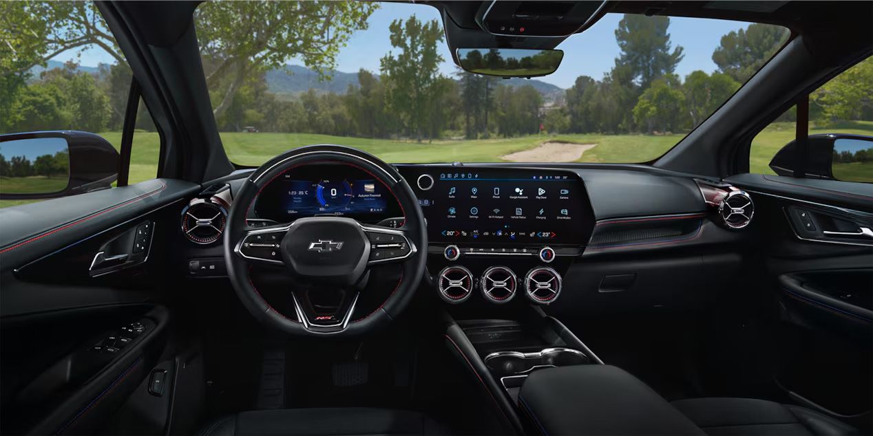 Front interior view of the full display panel and dashboard of the 2025 Chevrolet Blazer EV.
