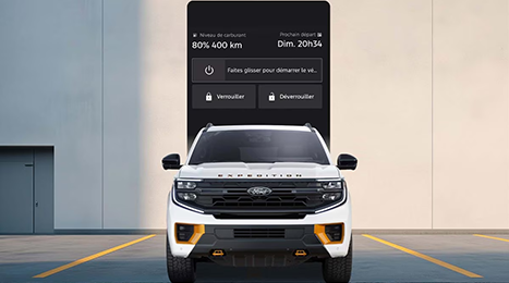 FordPass app interface showing remote start and fuel level in front of a Ford Expedition.