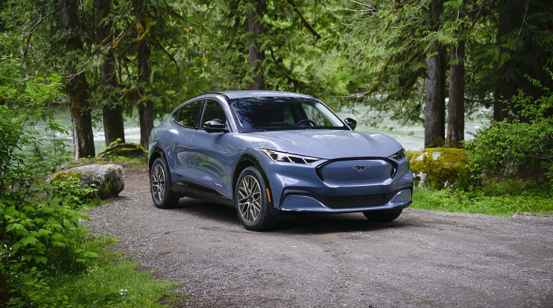 2024 Mach-E parked on a gravel road surrounded by trees.