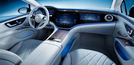 Luxurious Mercedes-Benz EQS interior with large panoramic screen and white seats