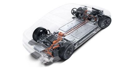 Transparent cutaway view of a Mercedes-Benz electric vehicle chassis and battery pack