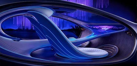  Futuristic interior of a Mercedes-Benz concept car with organic curves and blue lighting