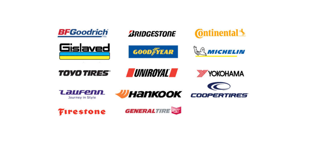 A collage of logos from various tire brands, including BFGoodrich, Bridgestone, Continental, Michelin, Goodyear, and Toyo Tires.