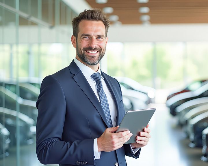 Vendeur automobile souriant en costume, tenant une tablette dans une salle d'exposition.
