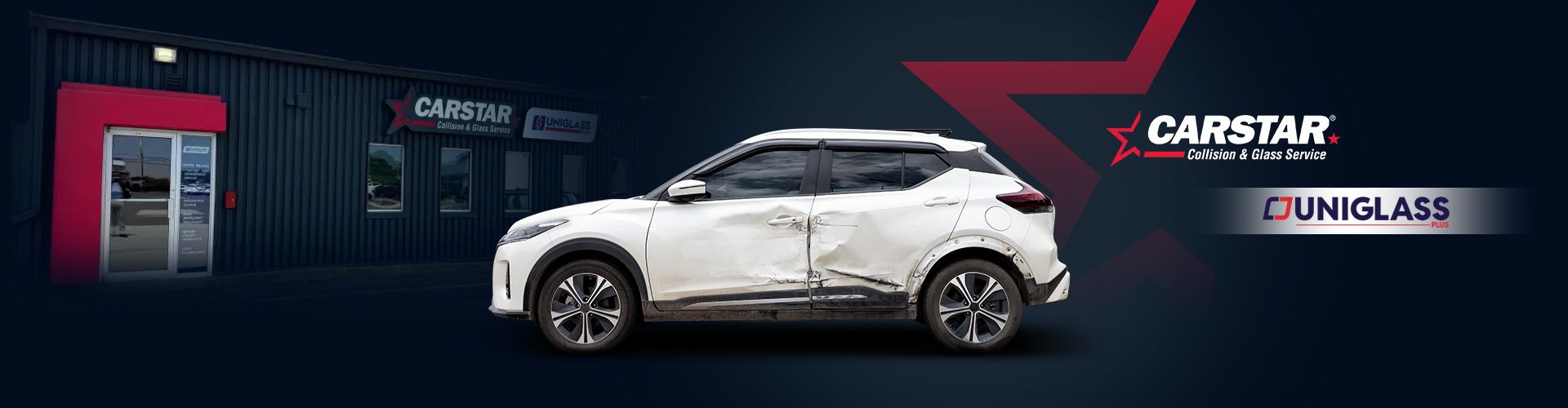 A damaged white car in front of a CARSTAR and UNIGLASS PLUS collision repair center.