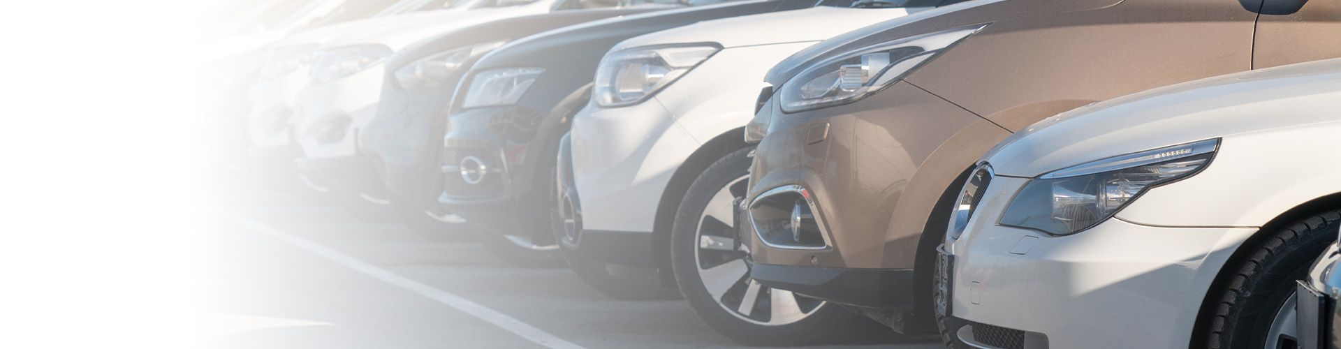 Rangée de voitures neuves ou d'occasion garées sur un parking.