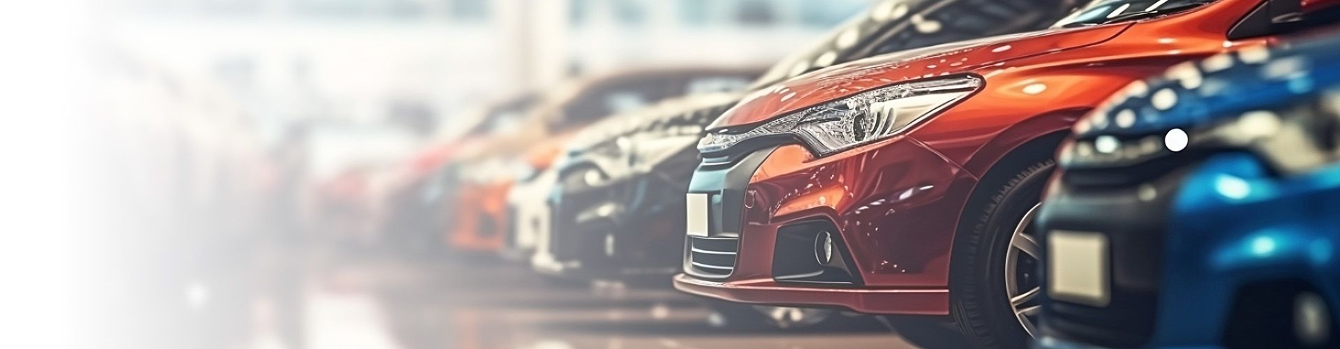 Row of new cars in a dealership showroom, with a red car in the foreground.