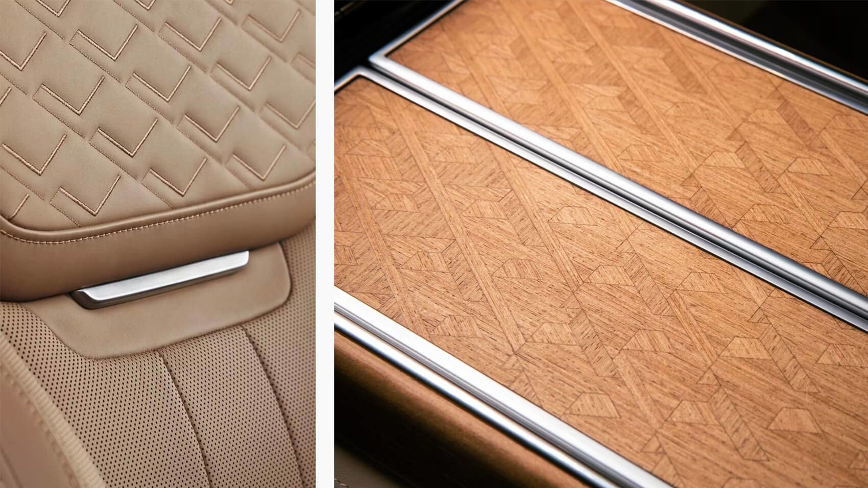 Close-up collage of a luxury car interior, featuring tan quilted leather upholstery on the left and a detailed geometric wood veneer console on the right.