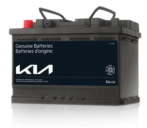 A Kia Genuine Parts car battery with a black casing and a bilingual English/French label, on a white background.