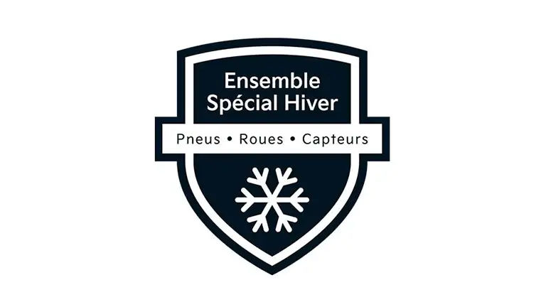 Une icône en forme de bouclier pour l'« Ensemble Spécial Hiver », qui inclut pneus, roues et capteurs, avec un graphique de flocon de neige.