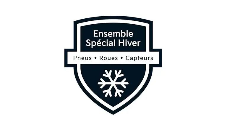 Une icône en forme de bouclier pour l'« Ensemble Spécial Hiver », qui inclut pneus, roues et capteurs, avec un graphique de flocon de neige.