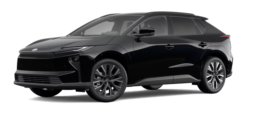 Front three-quarter view of a glossy black Toyota bZ4X, studio shot on a white background.