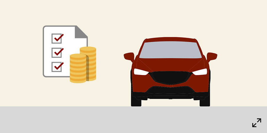 An illustration of a red car next to a checklist with all boxes checked and two stacks of gold coins, representing the process of budgeting and financing for a vehicle purchase.
