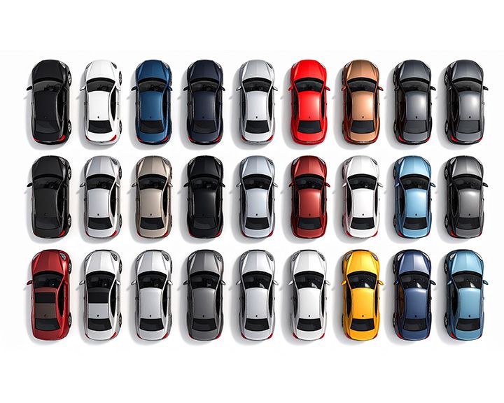 Vue de dessus de nombreuses voitures de différentes couleurs, garées en trois rangées organisées sur un fond blanc.