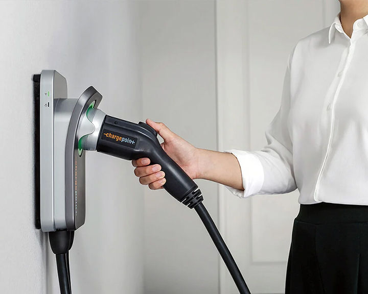Driver detatching ChargePoint vehicle Charger from wall mount. 