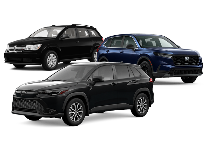 A composite image featuring three SUVs: a black Dodge Journey (left), a black Toyota Corolla Cross (foreground), and a dark blue Honda CR-V (right).