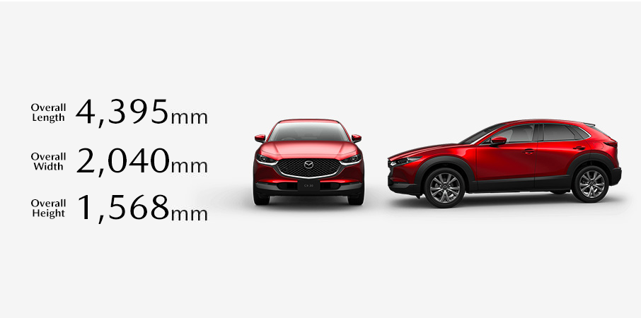 Front and side profile views of a red Mazda CX-30, with its overall dimensions listed as: Length 4,395mm, Width 2,040mm, and Height 1,568mm.