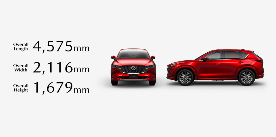 Front and side profile views of a red Mazda CX-5, with its overall dimensions listed as: Length 4,575mm, Width 2,116mm, and Height 1,679mm.