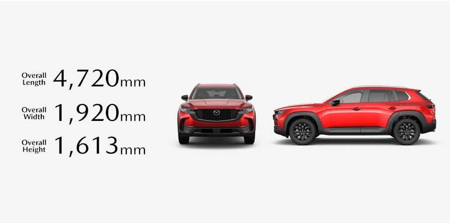 Front and side profile views of a red Mazda CX-50, with its overall dimensions listed as: Length 4,720mm, Width 1,920mm, and Height 1,613mm.