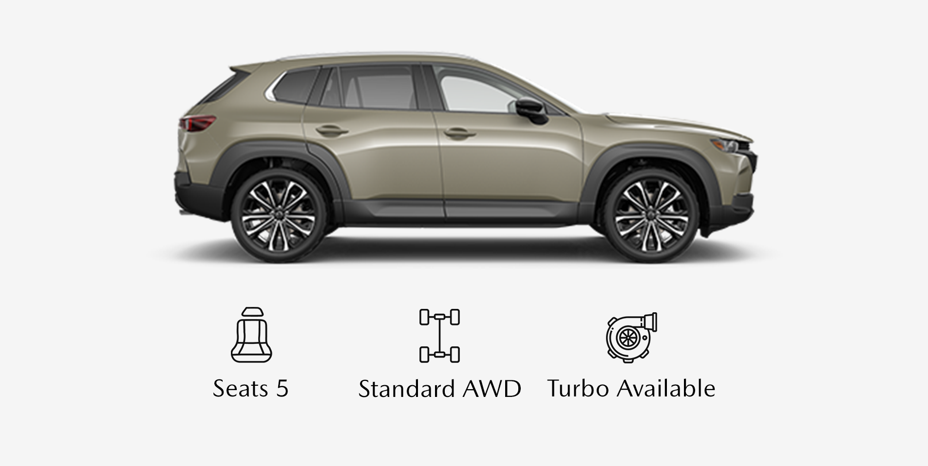 Profile view of a gold Mazda CX-50 SUV with icons below highlighting key features: Seats 5, Standard AWD, and Turbo Available.