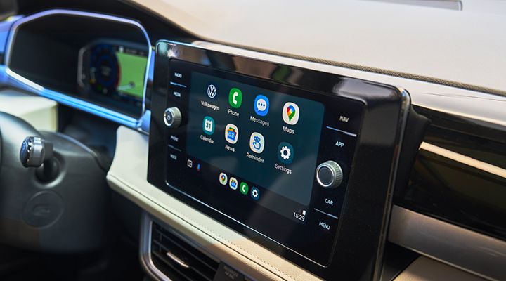 Close-up of the 8.0-inch floating touchscreen in the 2026 Volkswagen Taos, showing app icons.