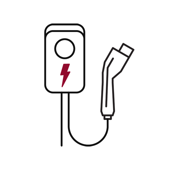 Illustration of vehicle charging cord plugged into installed charger. 