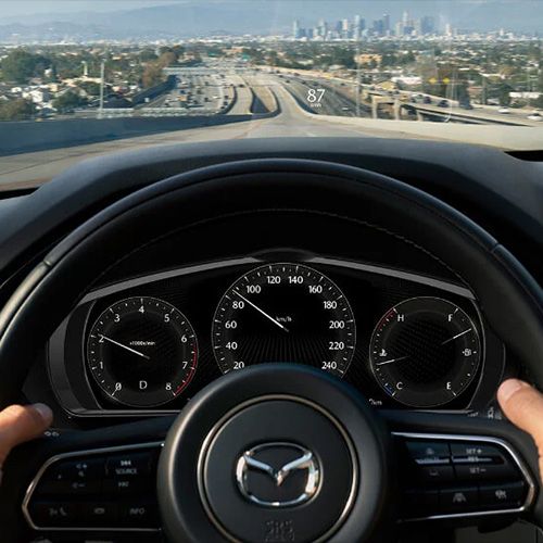 Drivers POV of hands on steering wheel inside a moving vehicle.  