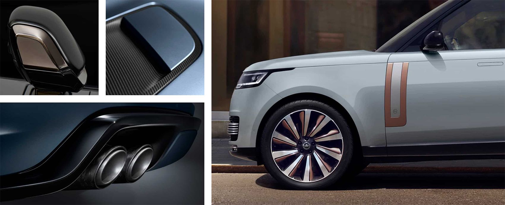 A collage showing the front profile and premium design details of a luxury Range Rover SUV, highlighting bronze accents and dual exhaust tips.
