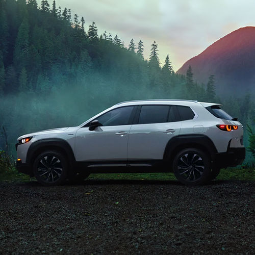A white Hybrid Electric Vehicle drives alongside trees and mountains in the mist. 