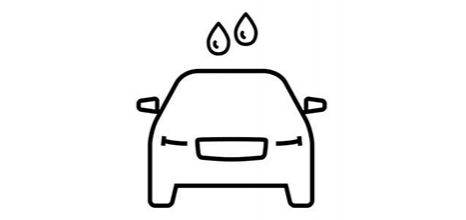 Outline icon of the front view of a car with two water droplets above it, symbolizing a car wash.