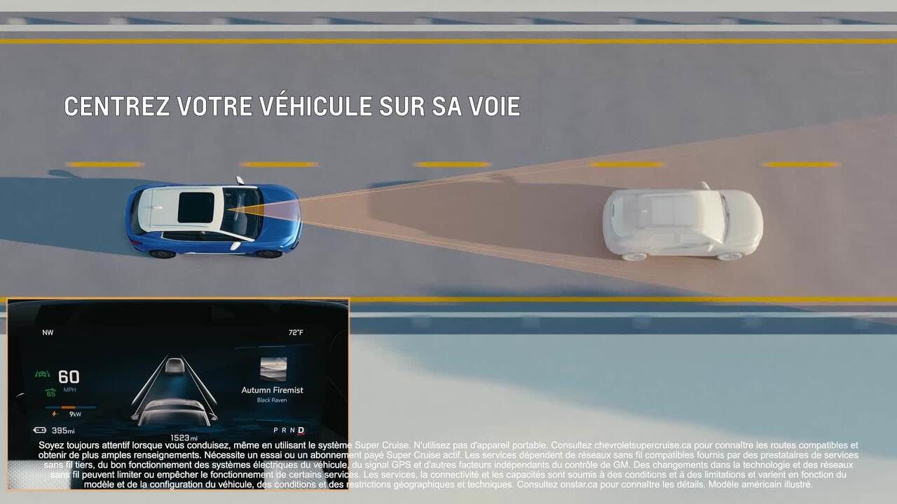 Gros plan du tableau de bord numérique d'une Chevrolet Equinox EV. L'écran affiche la vitesse à 40 MPH, un graphique d'une voiture centrée dans une voie, et d'autres informations sur le véhicule telles que l'autonomie restante (235 miles) et la consommation d'énergie. Un texte en bas en français et en anglais fournit des avertissements sur les fonctions de sécurité et d'aide à la conduite.