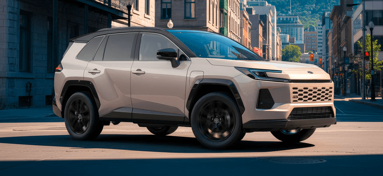 A modern beige SUV driving on a city street, showcasing a sleek, futuristic design with a black roof and black wheels.