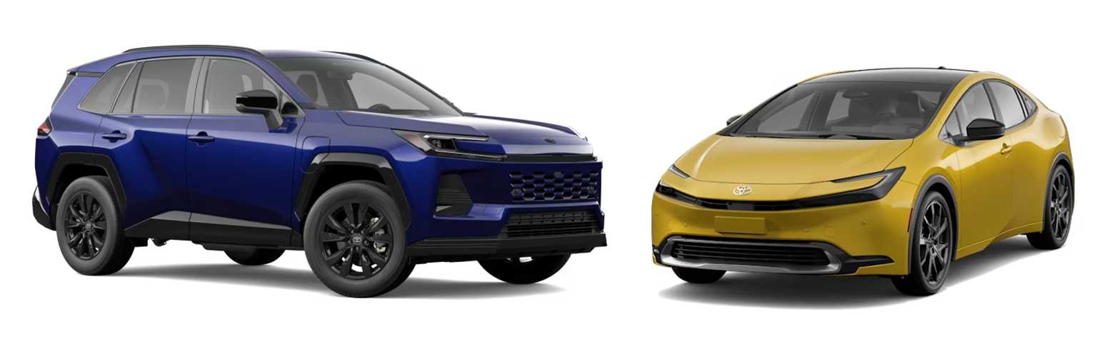  A studio shot shows two Toyota vehicles side-by-side on a white background. On the left is a dark blue Toyota RAV4. On the right is a mustard yellow Toyota Prius.