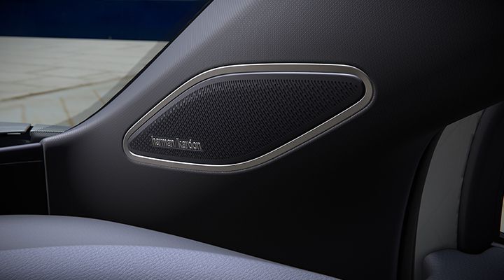 Gros plan sur un haut-parleur dans la garniture de la porte intérieure d'une voiture, portant le logo Harman Kardon.