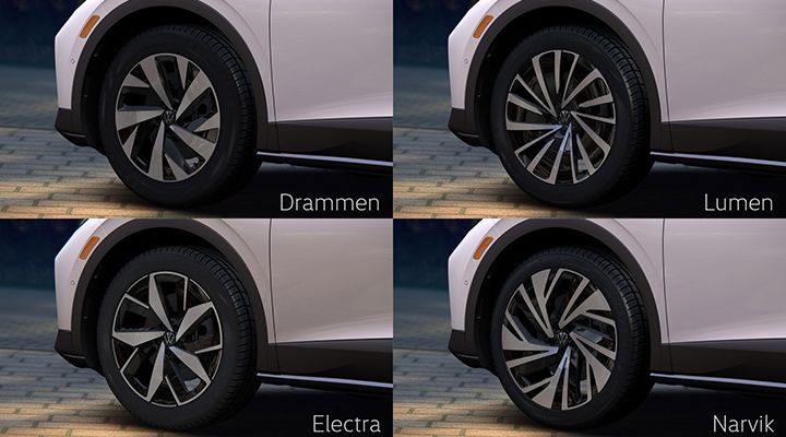 Montage de quatre gros plans des différents modèles de jantes de la Volkswagen ID.4 (Drammen, Lumen, Electra, Narvik).