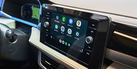 Close-up of the 8.0-inch floating touchscreen in the 2026 Volkswagen Taos, showing app icons.