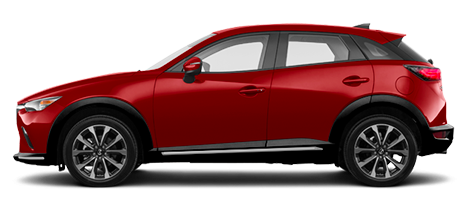 Side view of a red 5-door Mazda CX-3.