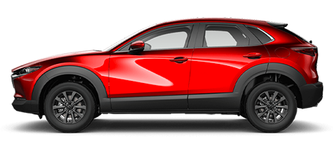 Side view of a red 5-door Mazda CX-30.
