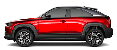 Side view of a red 5-door Mazda MX-30 (with Freestyle doors).