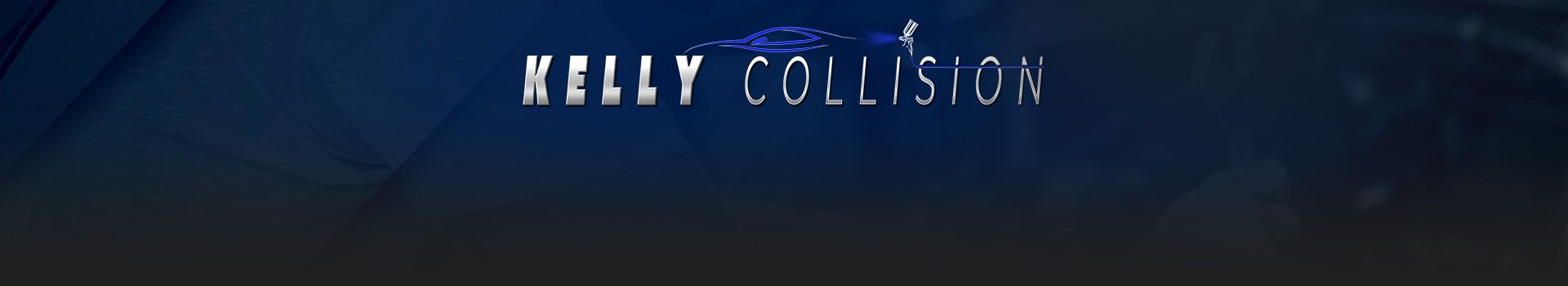 The header logo for "KELLY COLLISION" in stylized metallic silver and blue text. Above the text is a sleek, blue graphic of a car silhouette being fixed by a small figure with a tool, suggesting collision repair services.