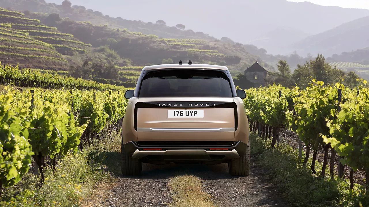 Rear view of a bronze Range Rover driving on a path through vineyards.