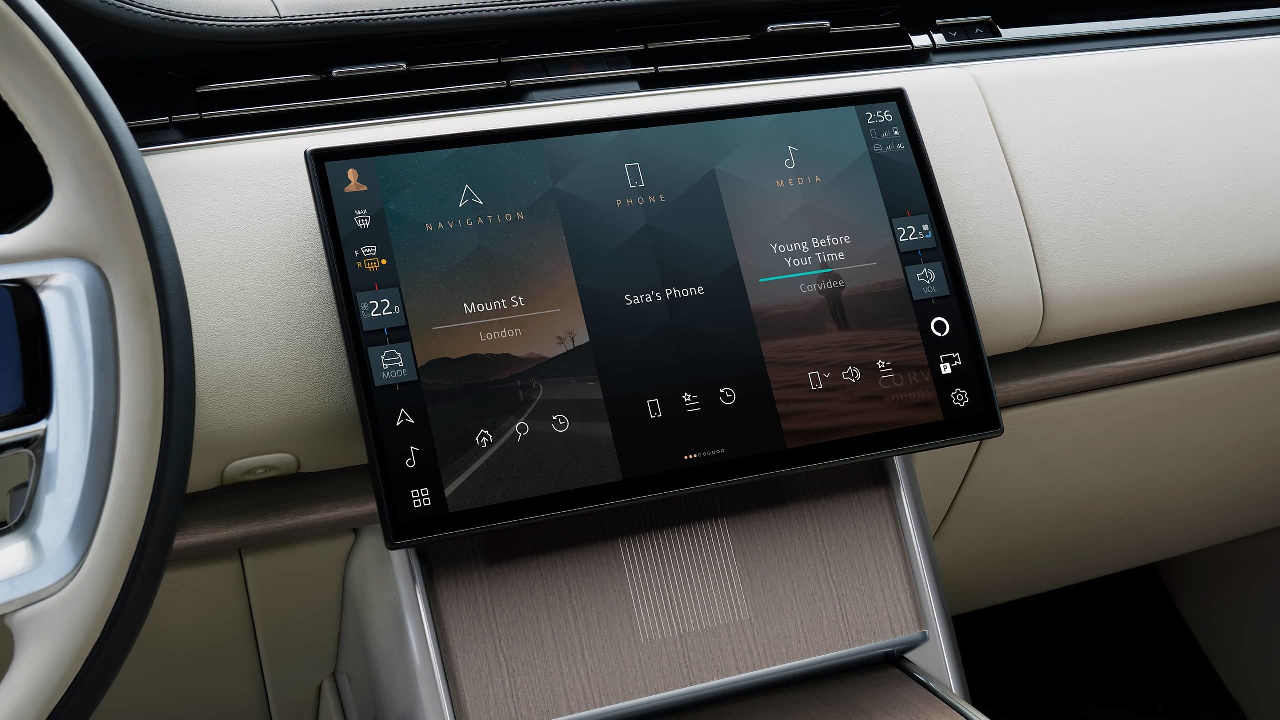 Detail of the infotainment screen showing navigation and music interface.