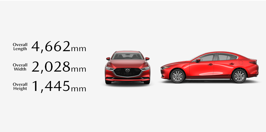 Front and side profile views of a red Mazda3 sedan, with its overall dimensions listed as: Length 4,662mm, Width 2,028mm, and Height 1,445mm.