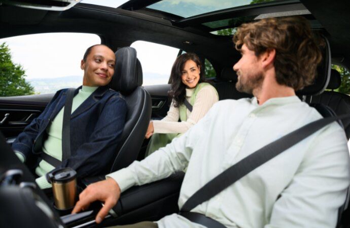 Three smiling people talking together inside a car equipped with a panoramic sunroof.