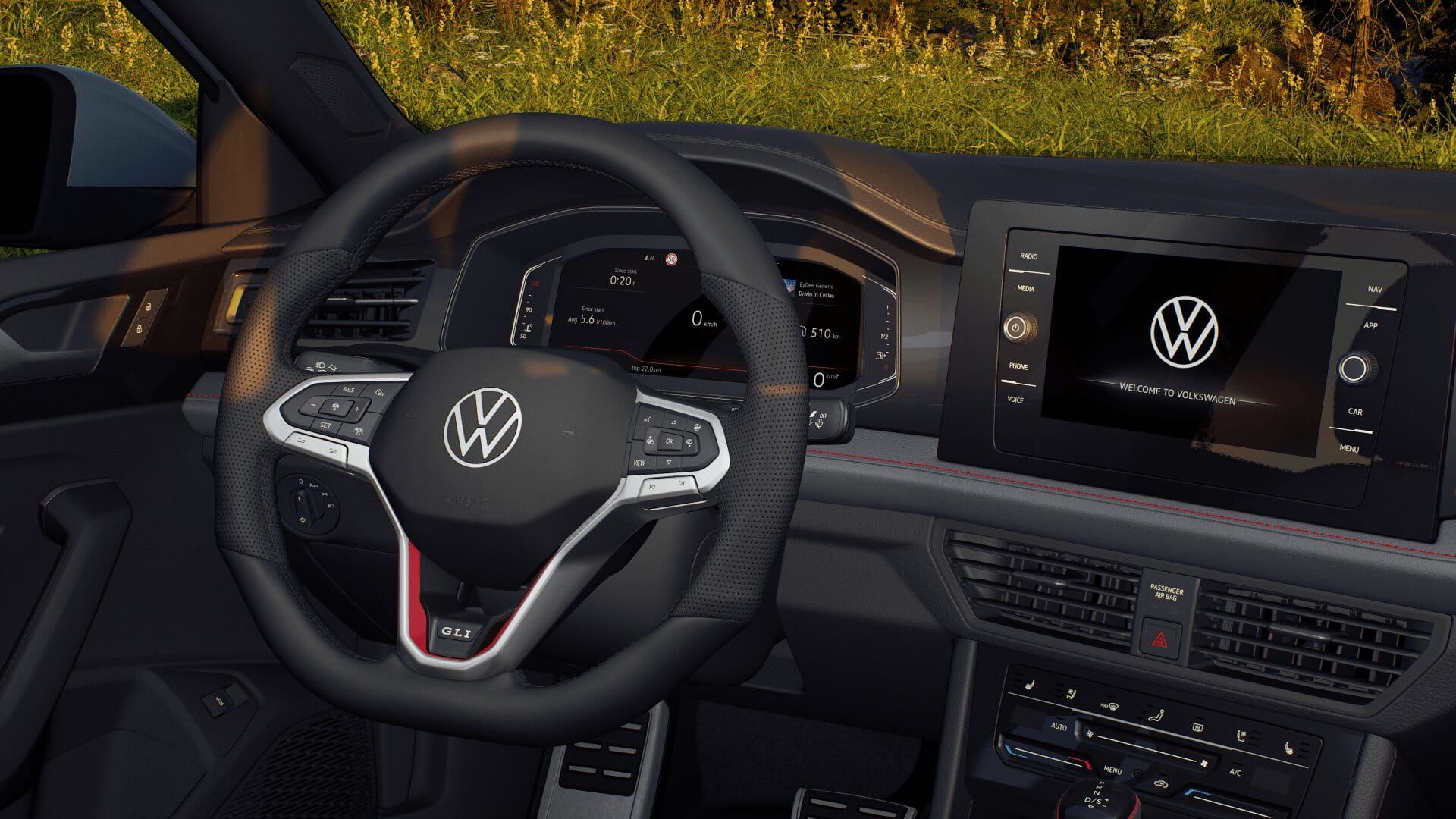Jetta GLI interior showing digital cockpit, sport steering wheel, and centre touchscreen.