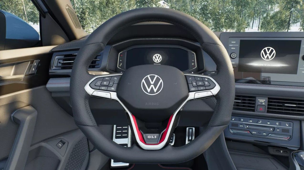 Front view of the Jetta GLI steering wheel with mounted controls and sporty design.