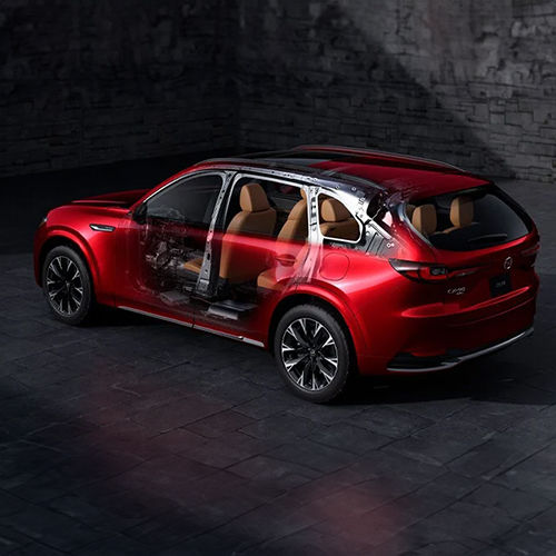 Exterior view of partially transparent CX-90 MEHV reveals interior and design details.
