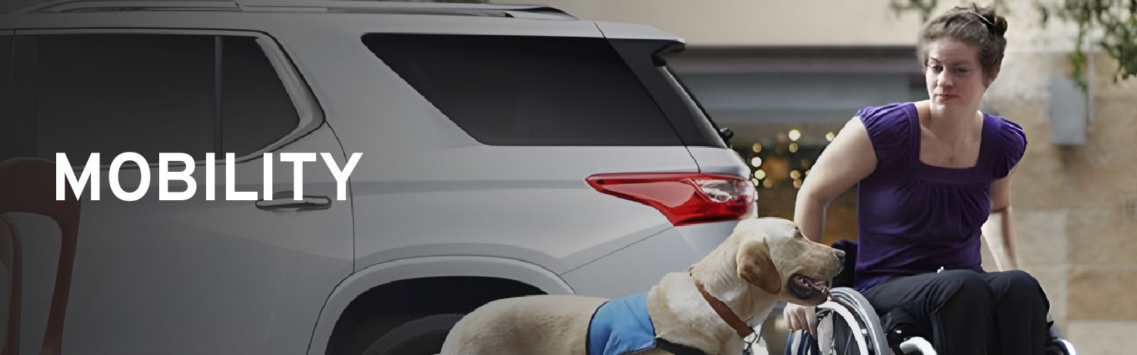 Woman in a wheelchair with a service dog next to an SUV, with the text "MOBILITY" overlayed.